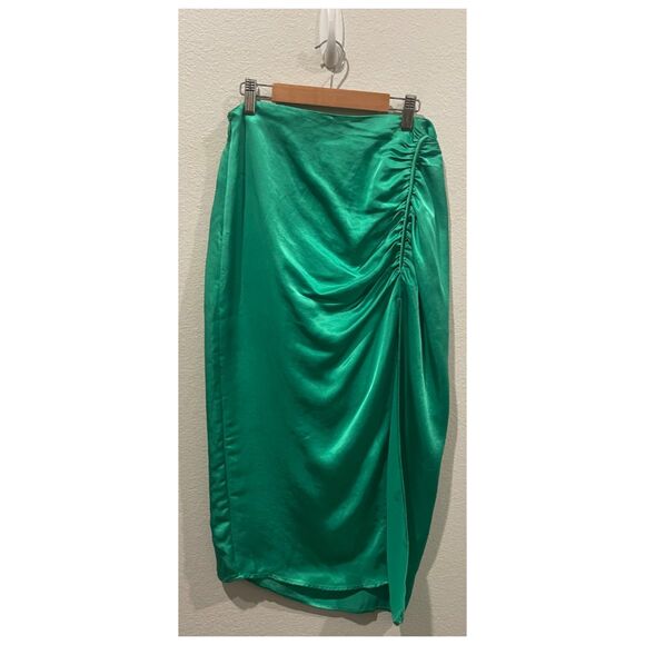 ZARA Satin Effect Ruched Midi Green Skirt - Picture 2 of 6